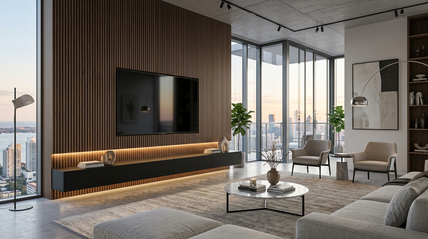 Home Theater com Painel Ripado